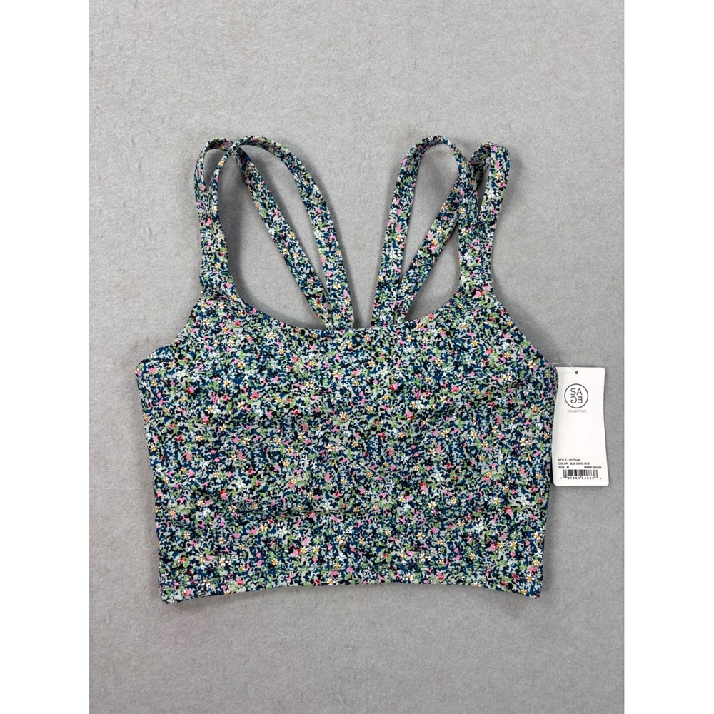 NWT Sage Collective Ditsy Floral blue green floral sports bra top Size M
